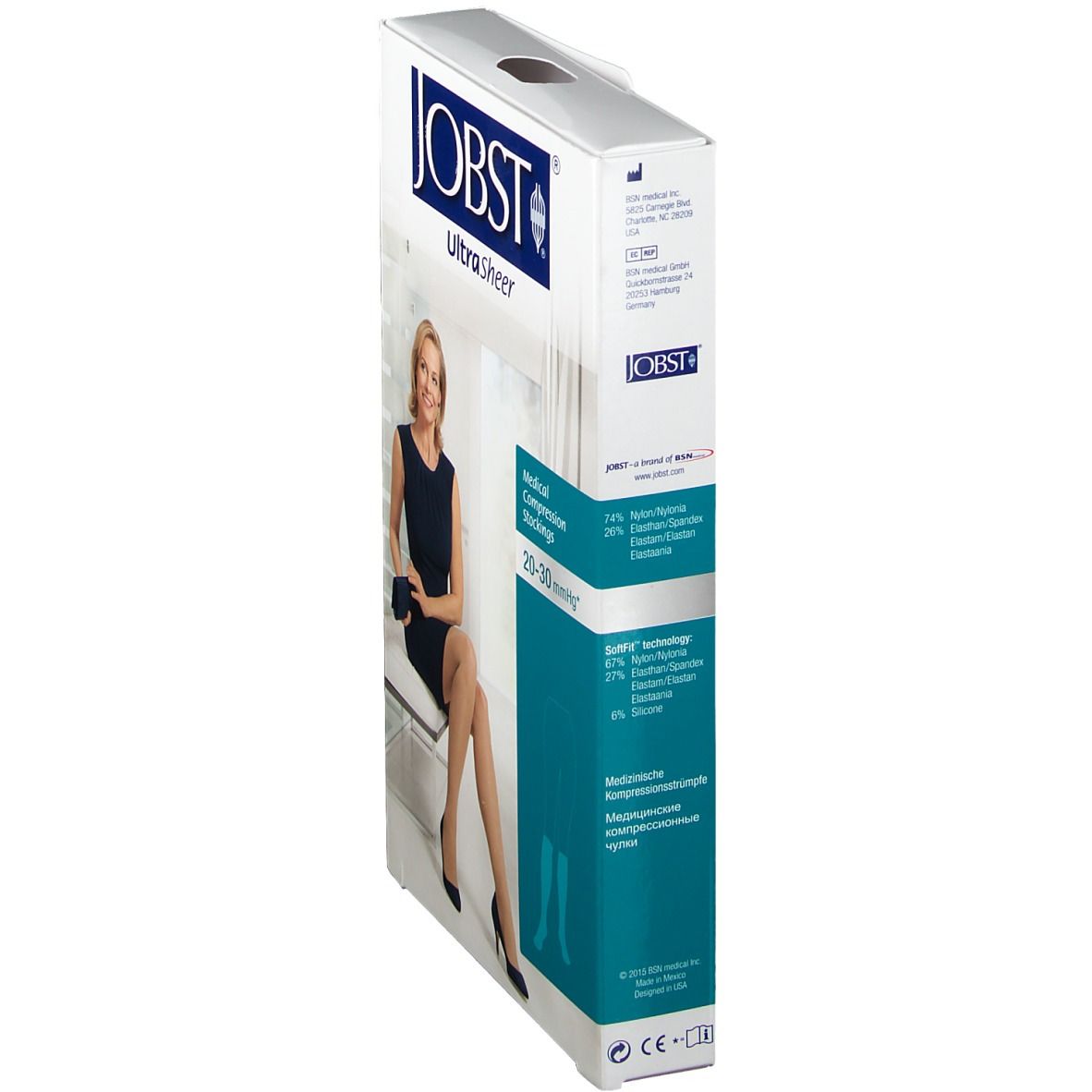 Zijkant verpakking JOBST® Ultrasheer. Medische compressiekousen 20-30 mmHg. Productinformatie en ingrediënten.