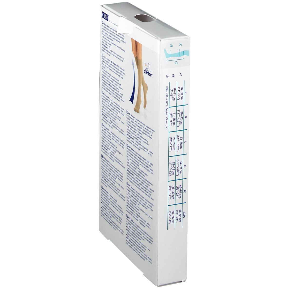 Zijkant verpakking JOBST® Ultrasheer. Maatinformatie voor medische compressiekousen.