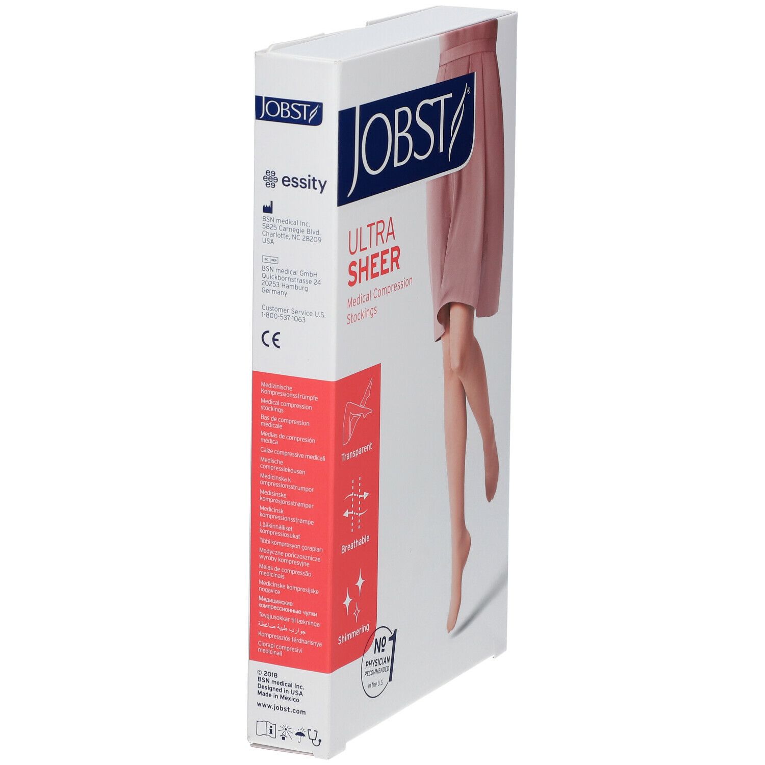 Verpakking met JOBST ULTRA SHEER compressiekousen. Transparant, ademend, glanzend. Met certificering.