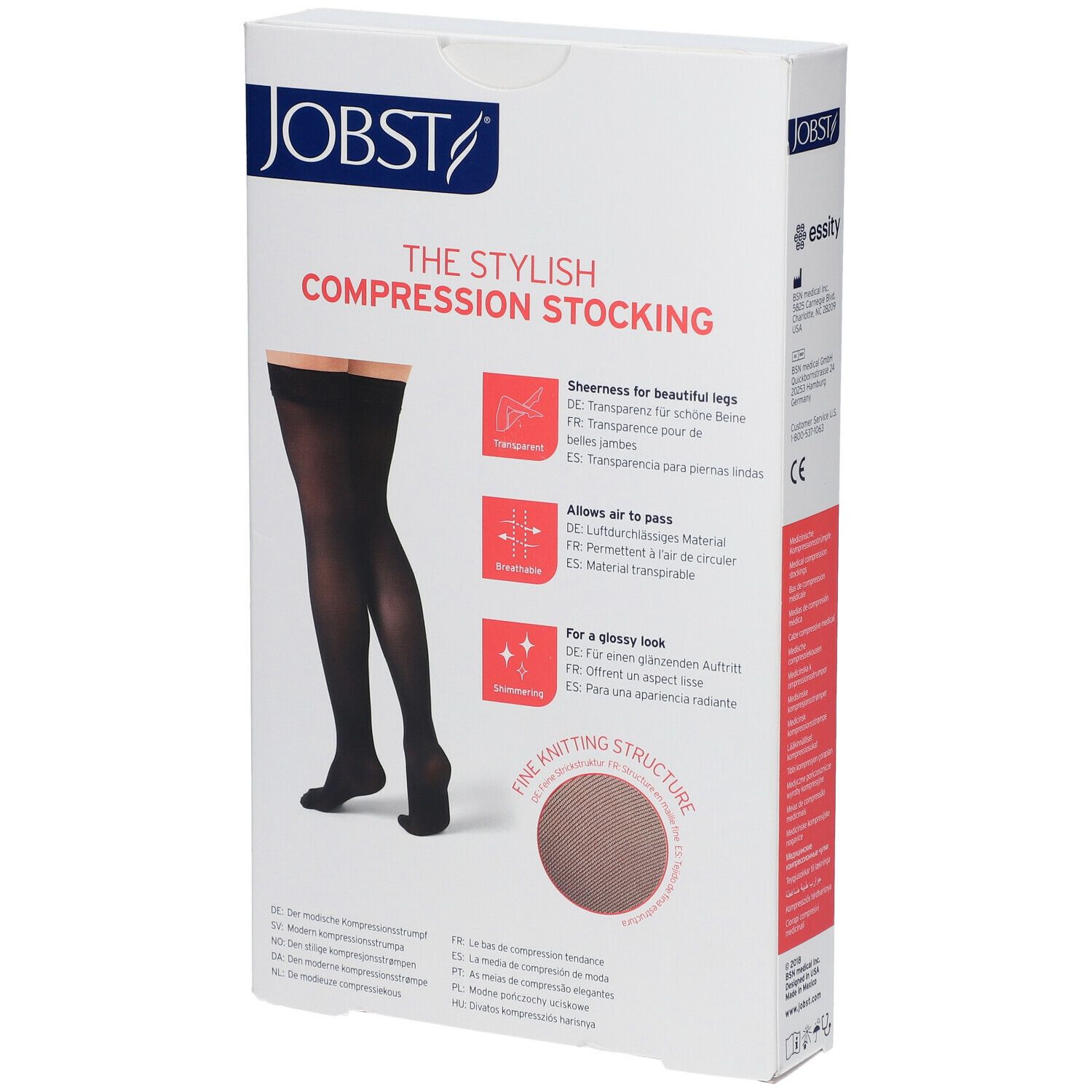 Verpakking met zwarte compressiekousen. Tekst: THE STYLISH COMPRESSION STOCKING. Met certificering.