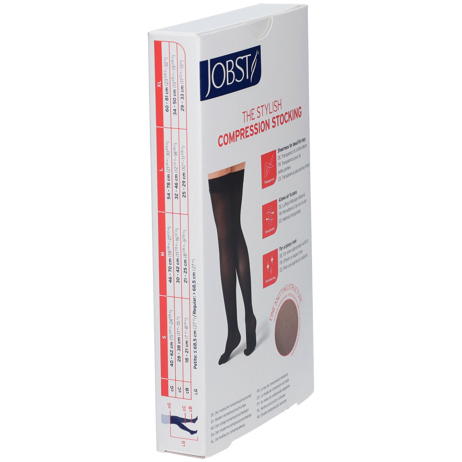Verpakking met zwarte compressiekousen. Tekst: THE STYLISH COMPRESSION STOCKING. Maatindicaties.