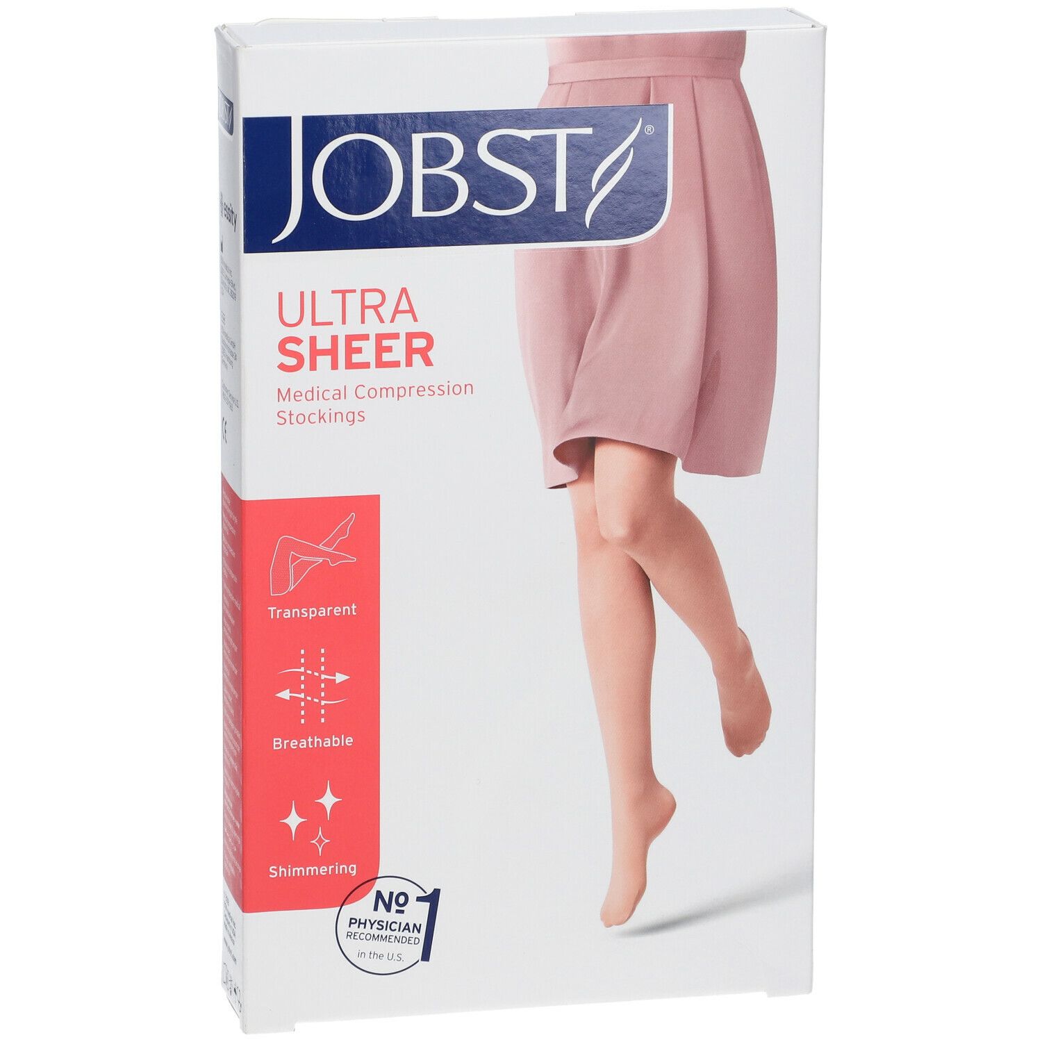 Verpakking met JOBST ULTRA SHEER compressiekousen. Transparant, ademend, glanzend. Met certificering.
