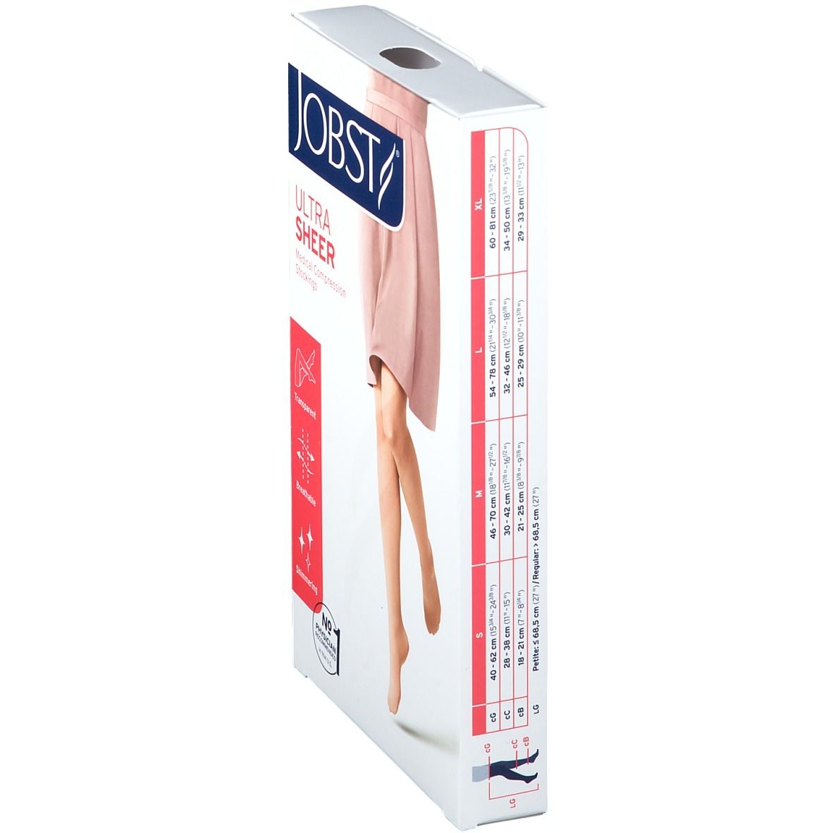 Boîte de bas de compression JOBST UltraSheer. Informations de taille sur le côté. Transparent, respirant, scintillant.