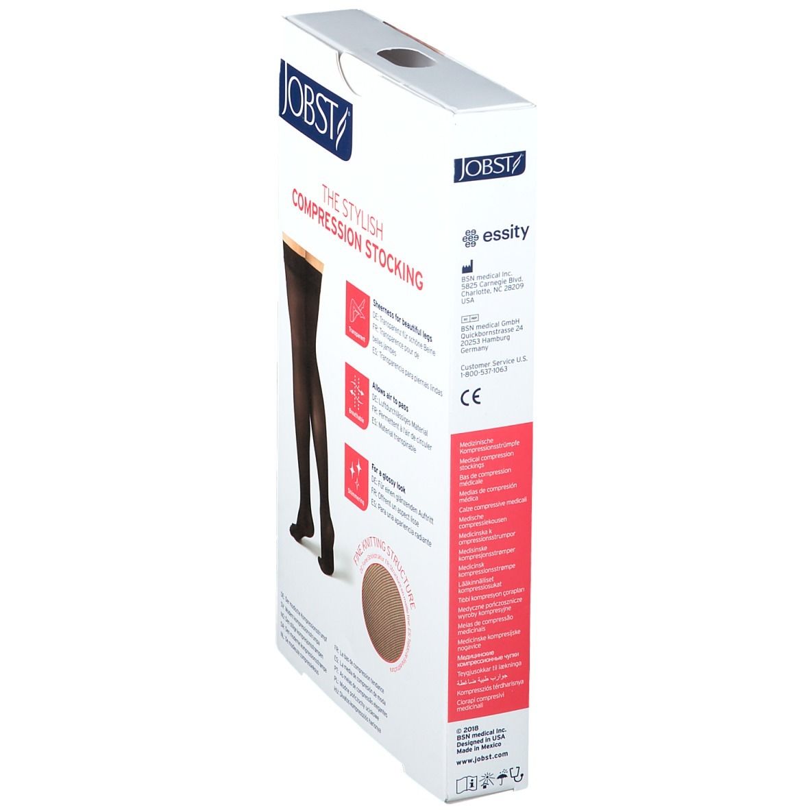 Boîte de bas de compression JOBST. Bas noirs illustrés. Informations et certifications sur le côté.