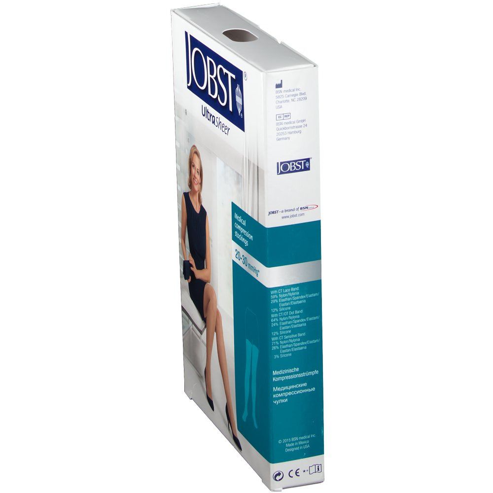Boîte de bas de compression JOBST Ultra Sheer. Inscription : 20-30 mmHg. Image : femme avec bas. Fond bleu.
