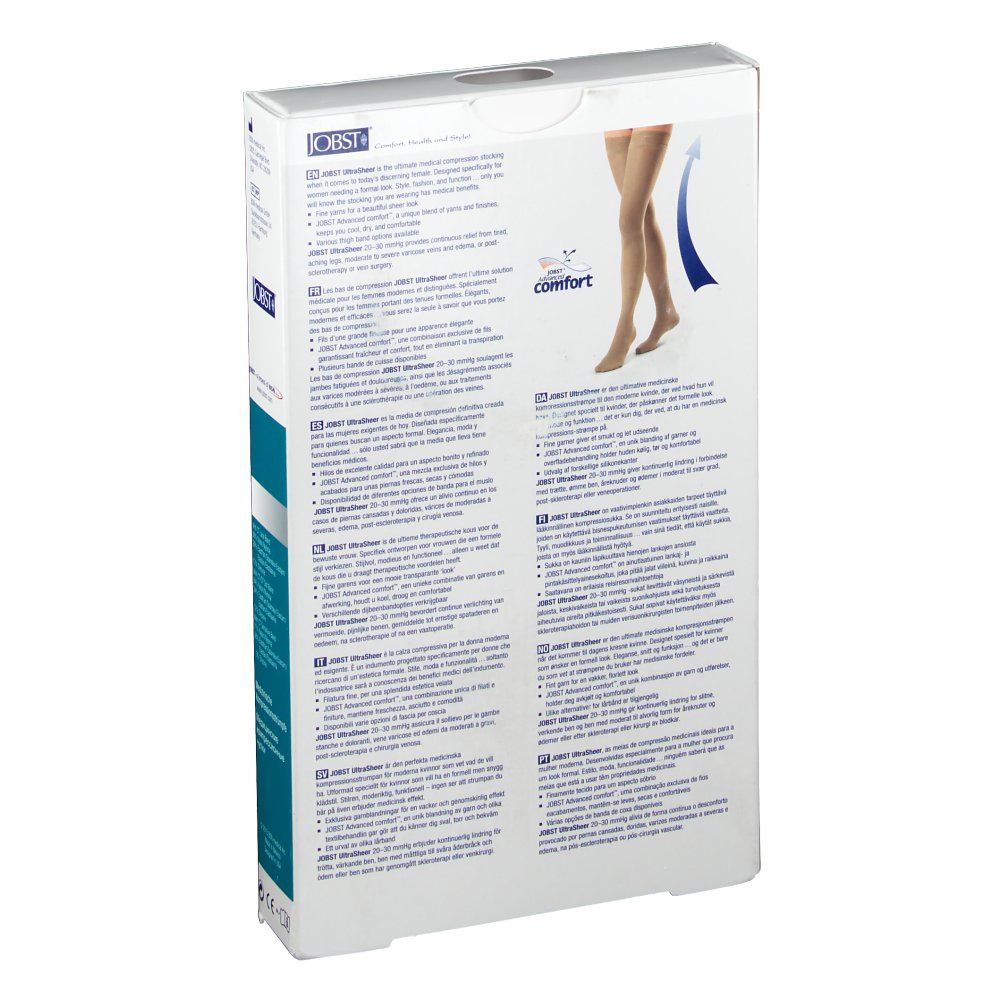 Dos de la boîte de bas de compression JOBST Ultra Sheer. Texte multilingue. Image : jambe avec bas.