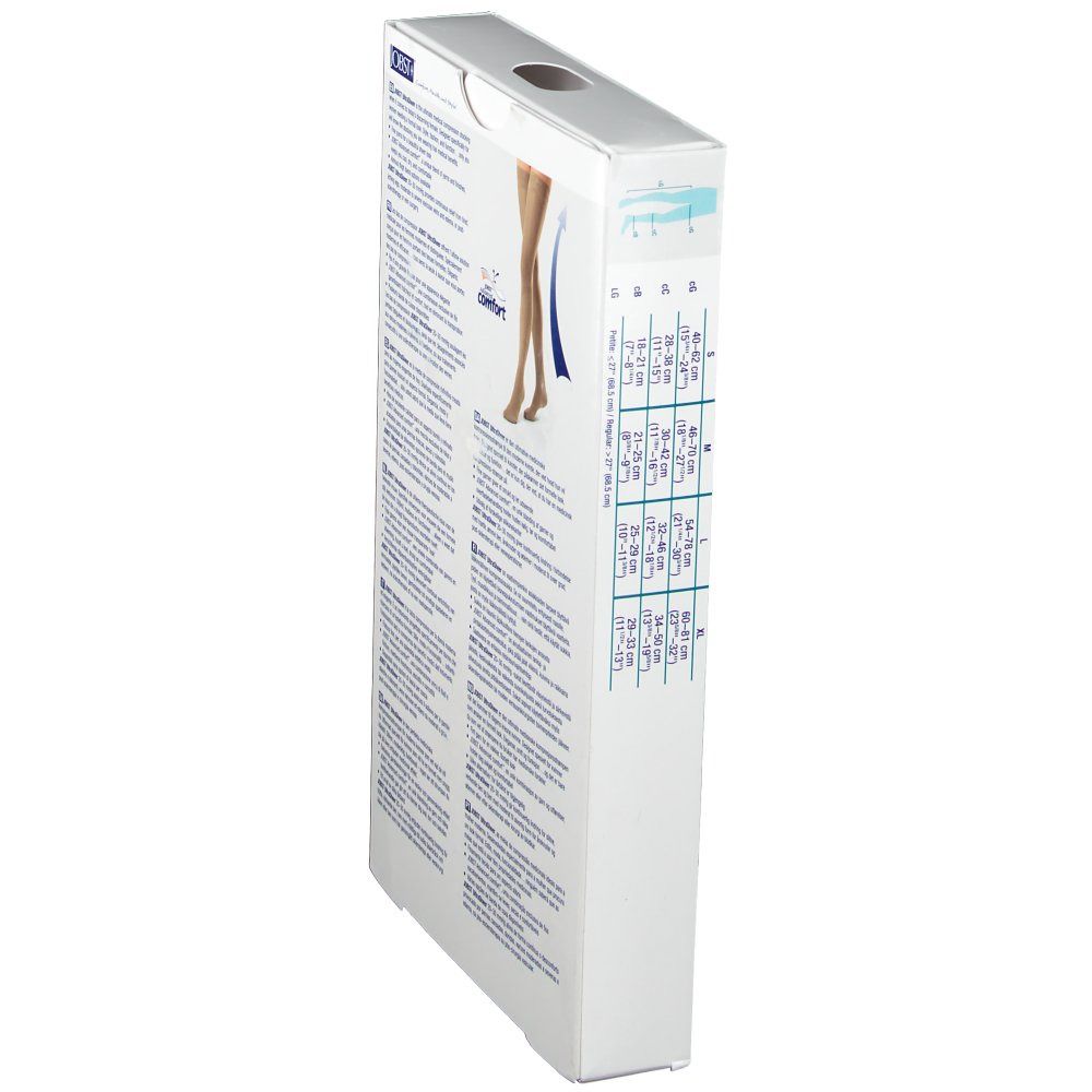 Côté de la boîte de bas de compression JOBST Ultra Sheer. Texte et tableau des tailles. Image : jambe avec bas.