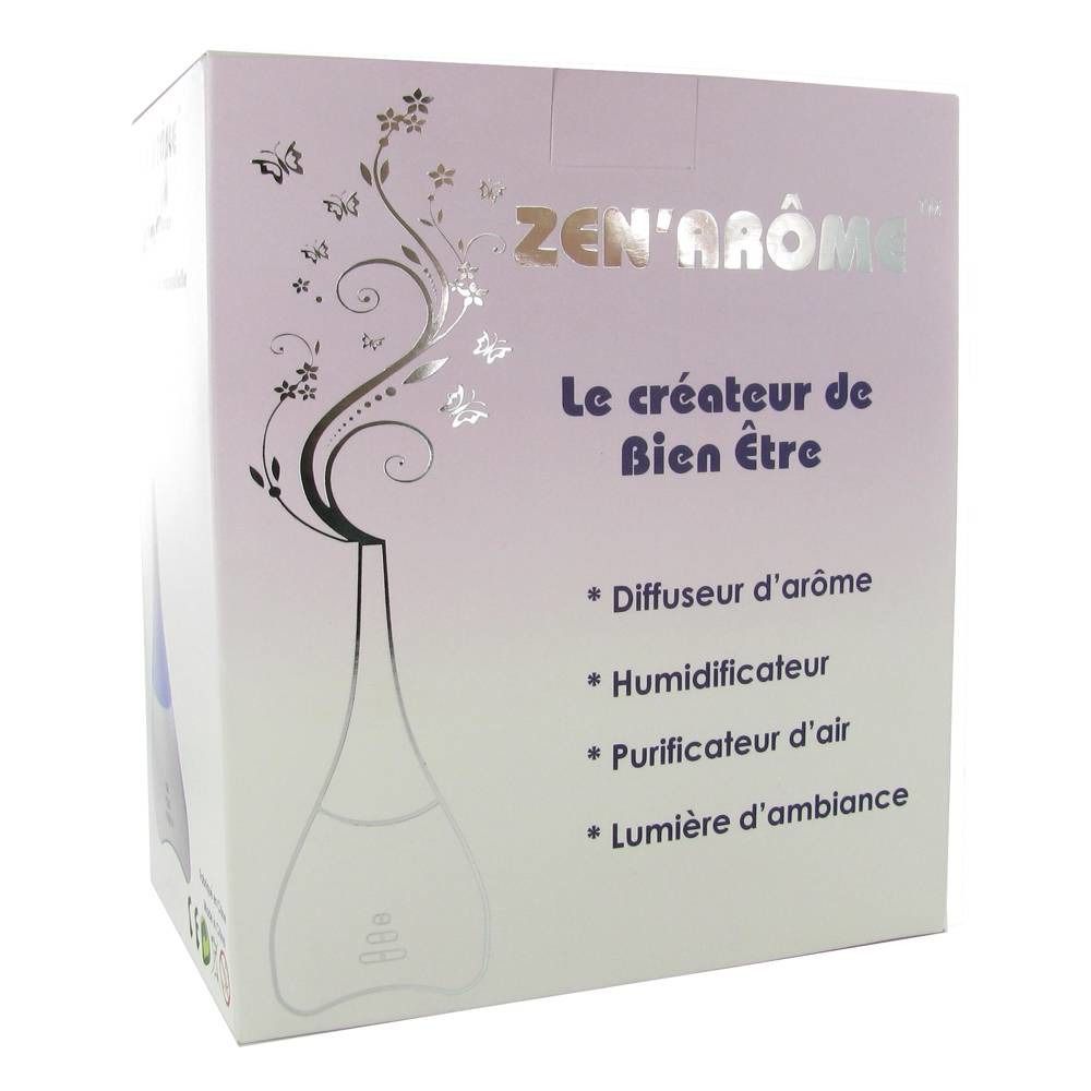 Verpackung von Zen'Arome. Aufschrift: Diffuseur d'arôme, Humidificateur, Purificateur d'air, Lumière d'ambiance. Mit Logo und Schriftzug.