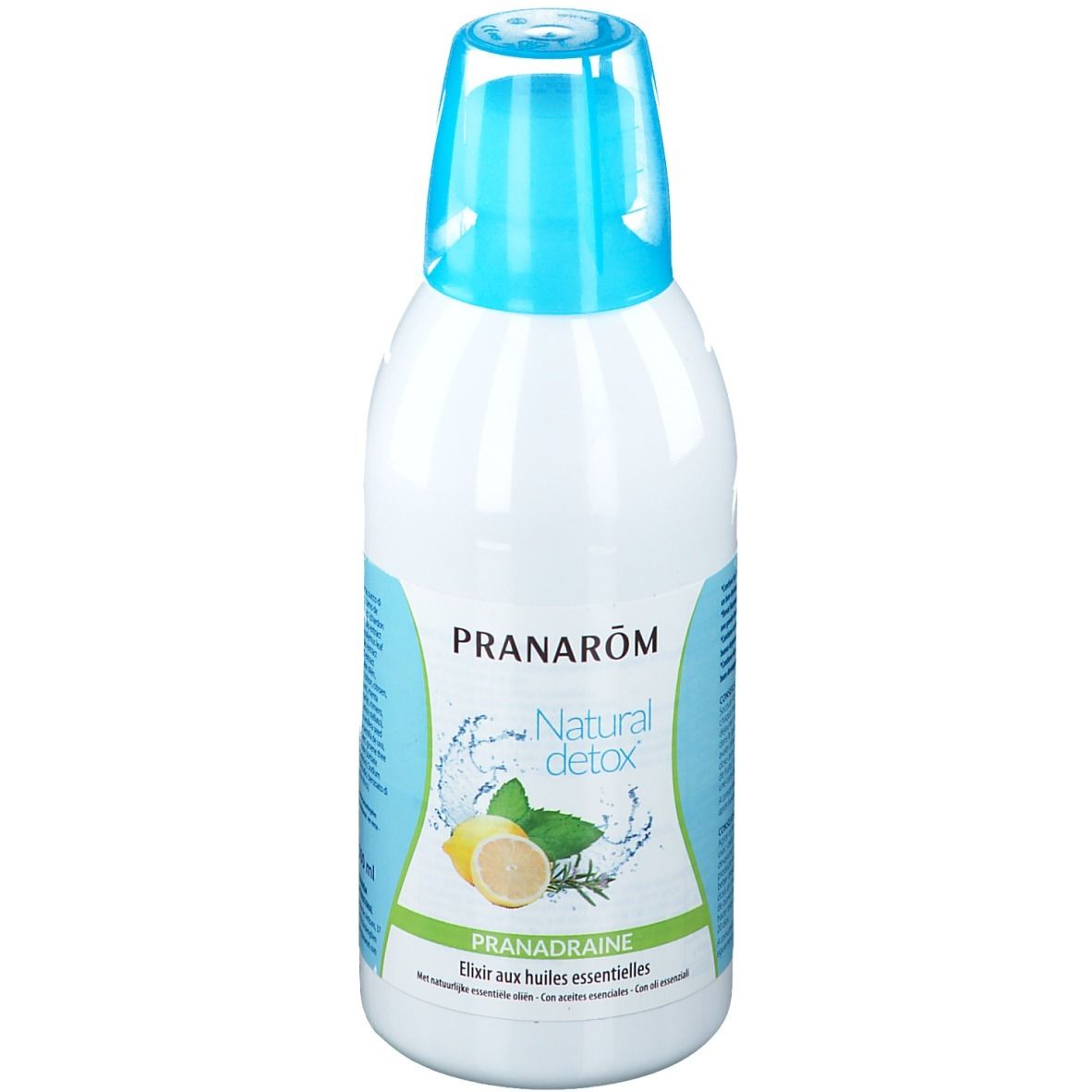 Bouteille blanche avec bouchon bleu. Inscription: PRANAROM, Natural detox, PRANADRAINE. Illustration: citron, herbes et eau.
