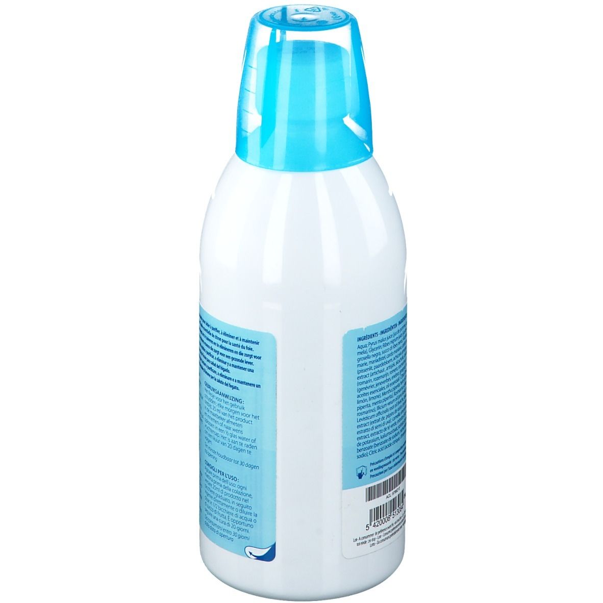 Dos d'une bouteille blanche avec bouchon bleu. Texte en plusieurs langues. Étiquette avec ingrédients et code-barres.