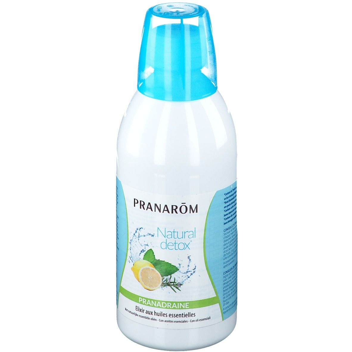 Bouteille blanche avec bouchon bleu. Inscription: PRANAROM, Natural detox, PRANADRAINE. Illustration: citron, herbes et eau.
