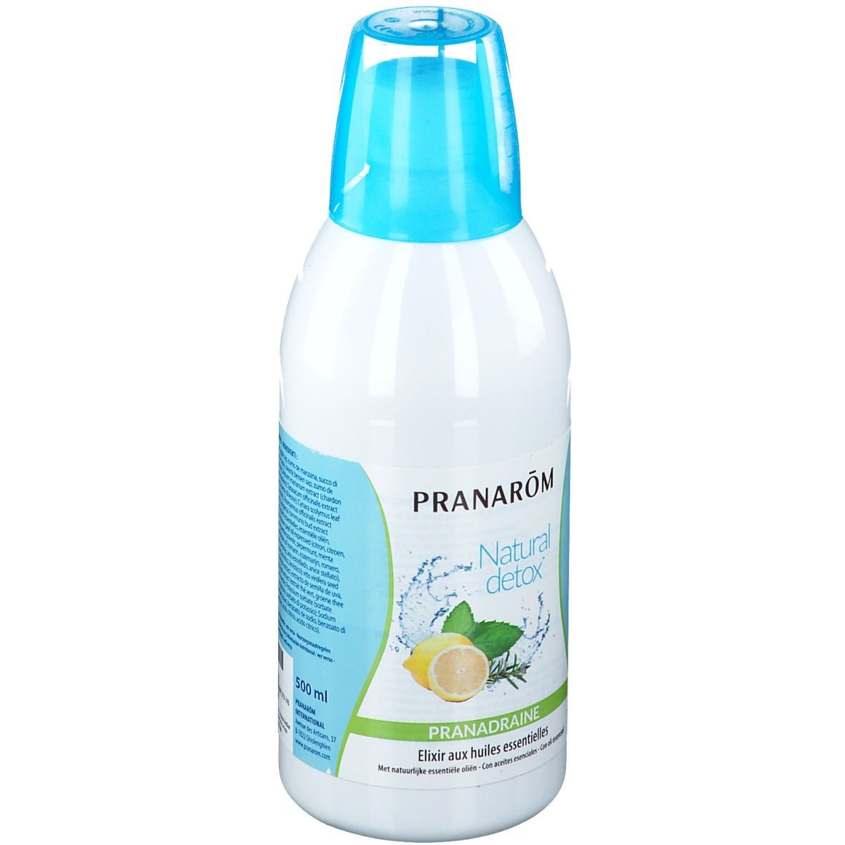 Bouteille blanche avec bouchon bleu. Inscription: PRANAROM, Natural detox, PRANADRAINE. Illustration: citron, herbes et eau. Volume: 500 ml.