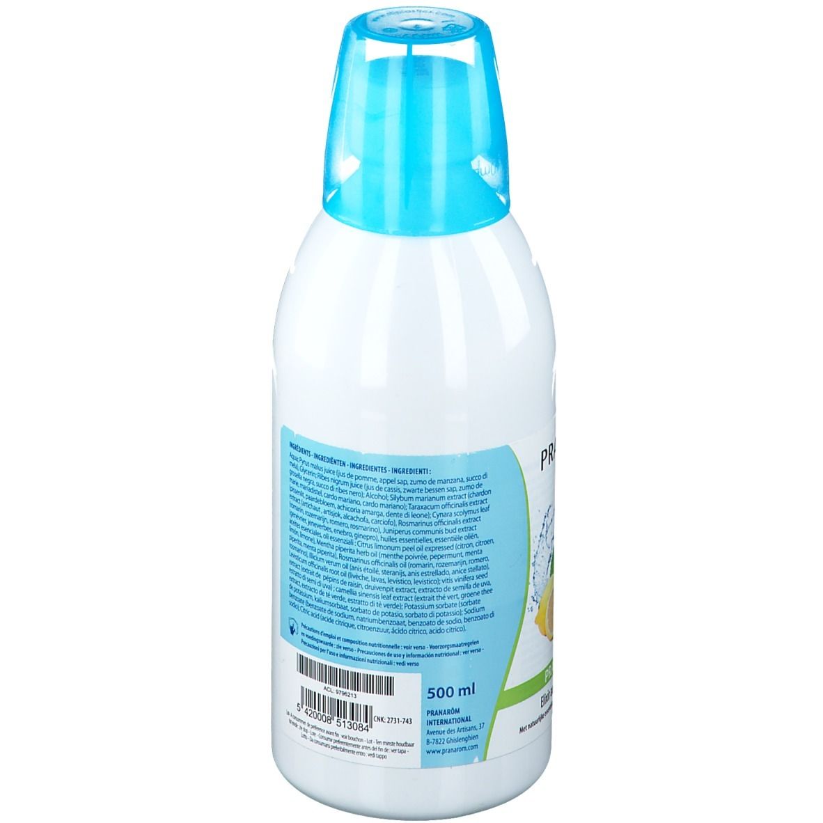 Dos d'une bouteille blanche avec bouchon bleu. Texte en plusieurs langues. Étiquette avec ingrédients, volume: 500 ml.