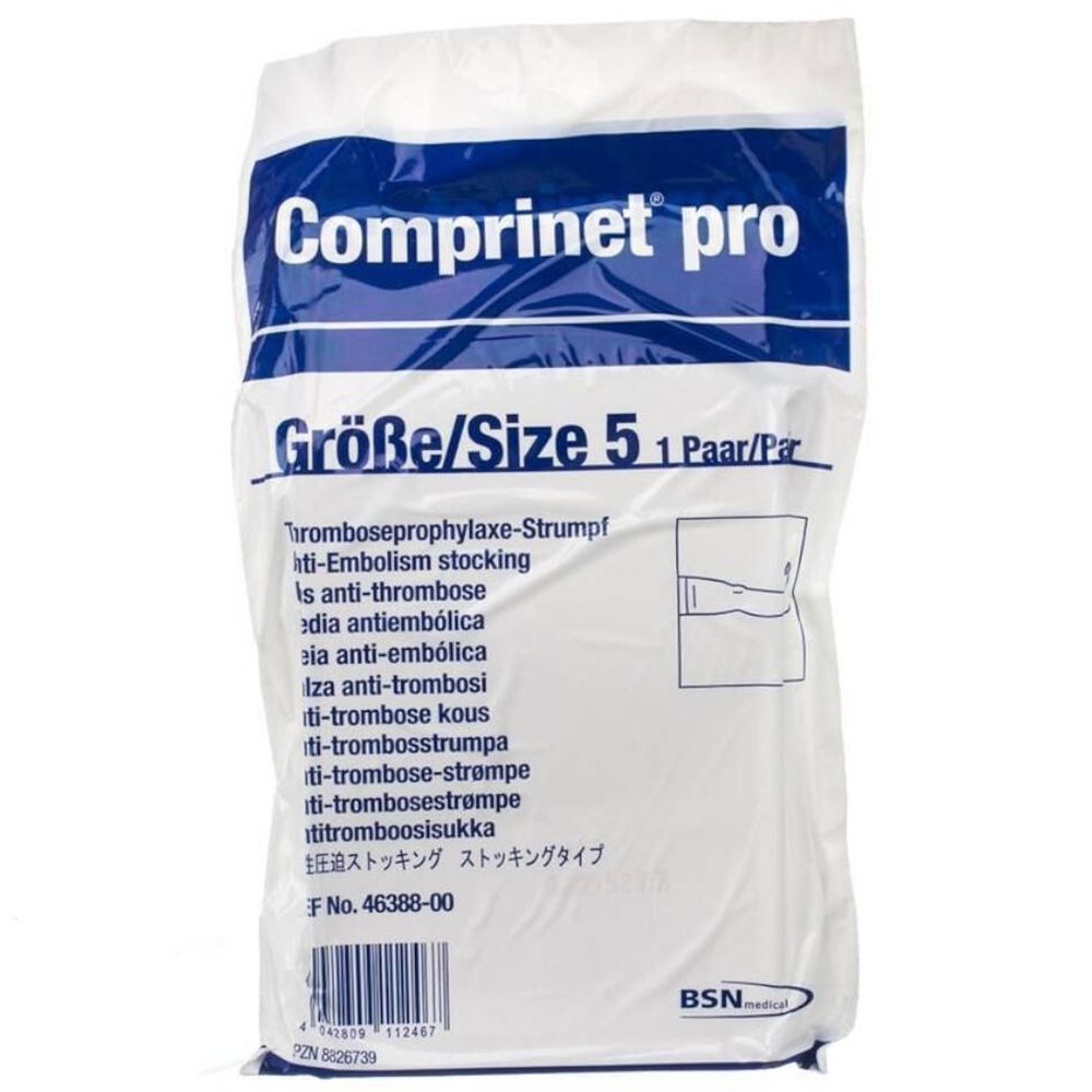 Verpackung mit JOBST Comprinet pro Strümpfen, Größe 5. Text: Anti-Embolie-Strumpf, 1 Paar. BSN medical Logo.