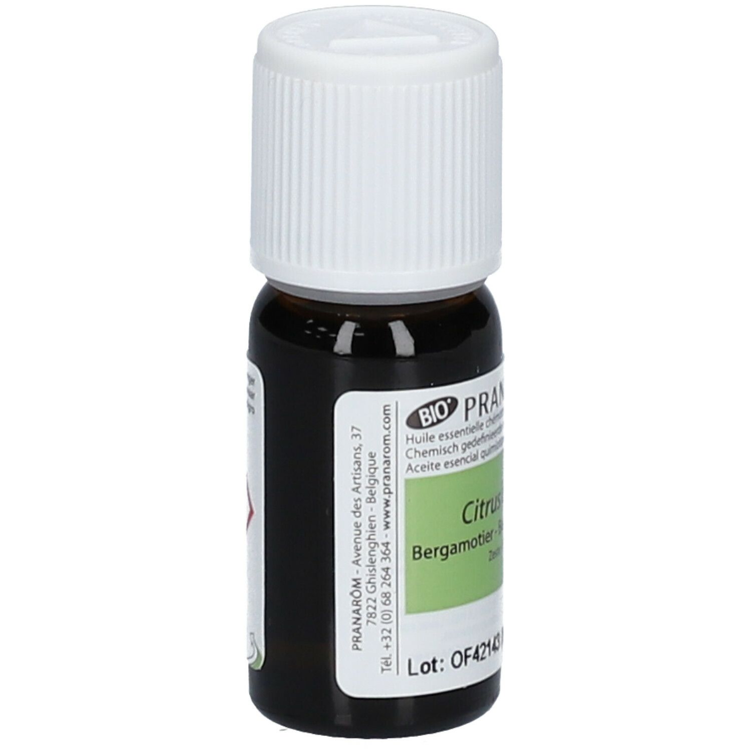 Flacon en verre brun avec bouchon blanc. Étiquette avec nom du produit et ingrédients. Certification BIO.