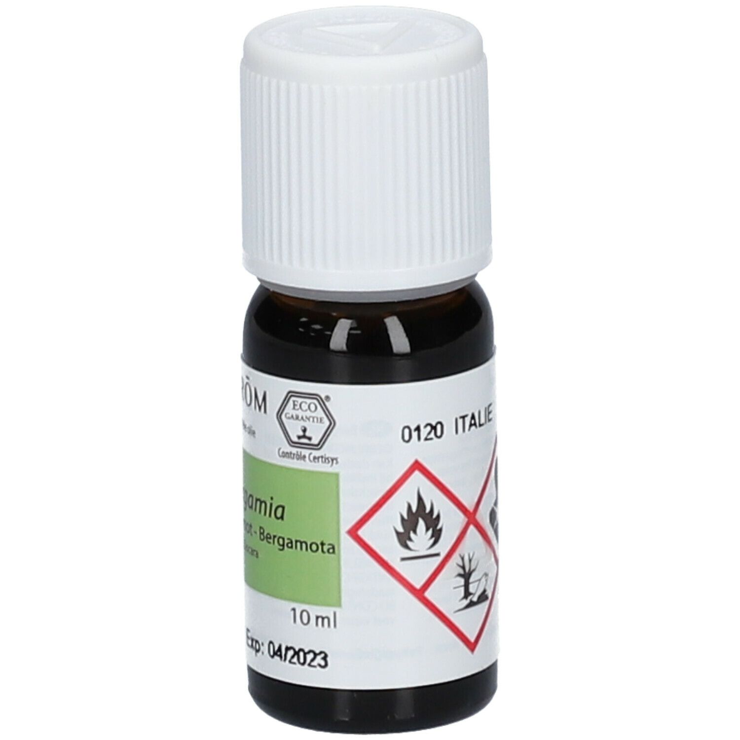 Flacon en verre brun avec bouchon blanc. Étiquette avec nom du produit et ingrédients. Certification ECO.