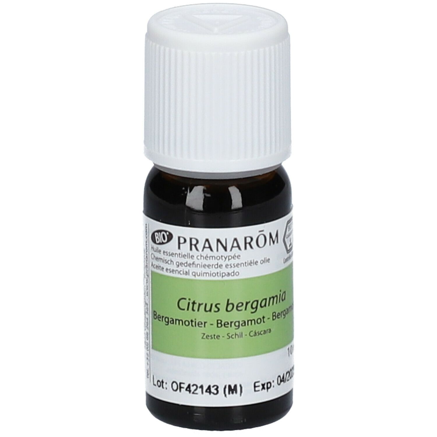 Flacon en verre brun avec bouchon blanc. Étiquette avec nom du produit et ingrédients. Certification BIO.
