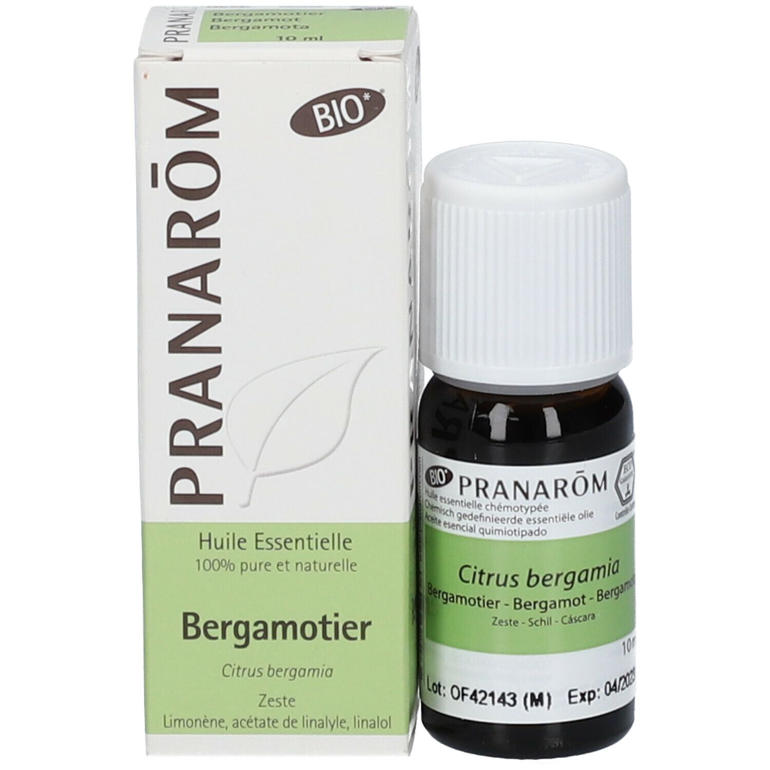 Flacon en verre brun et boîte. Boîte avec nom du produit et ingrédients. Certification BIO.