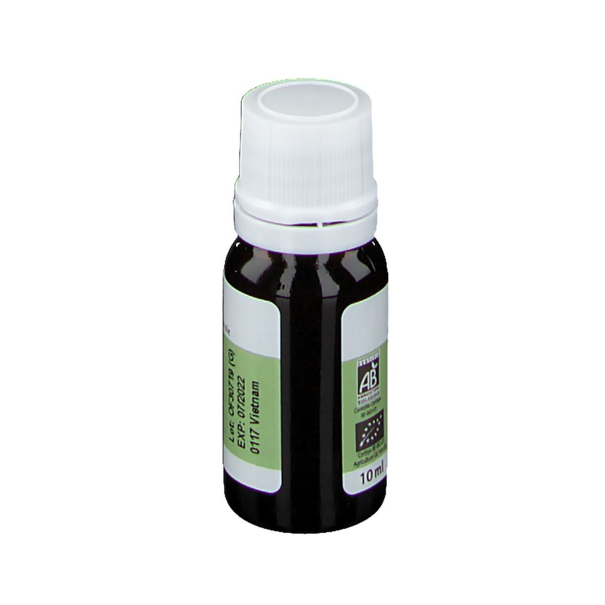 Dunkelbraune Glasflasche mit weißem Schraubverschluss. Rückseitenetikett mit BIO-Siegel und "10ml".