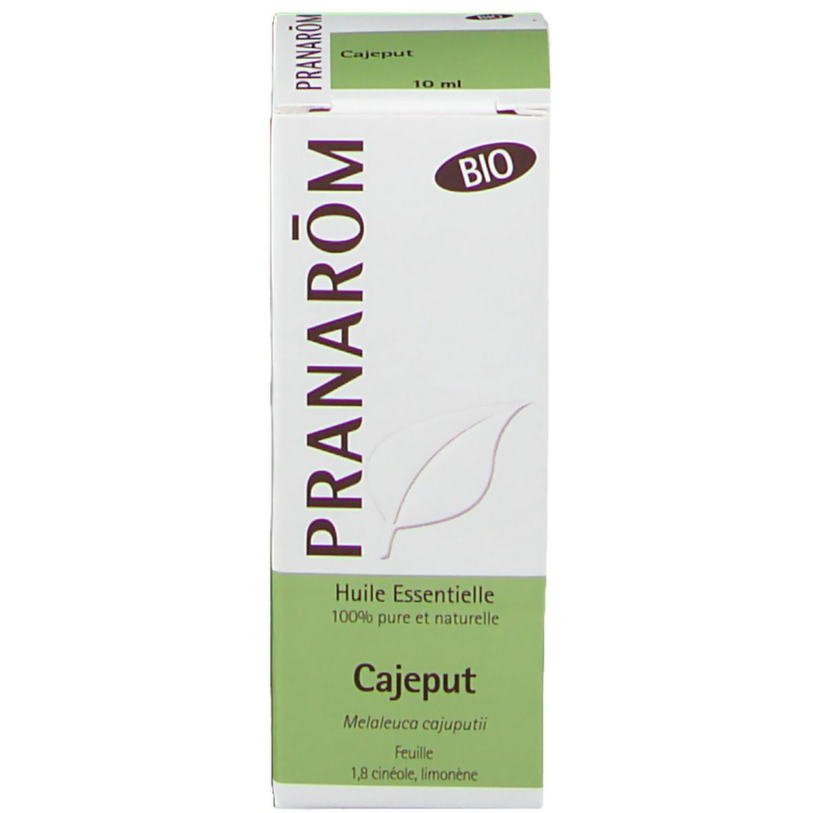 Kartonverpackung für Pranarôm Cajeput ätherisches Öl. Mit BIO-Siegel und "10ml" Angabe.