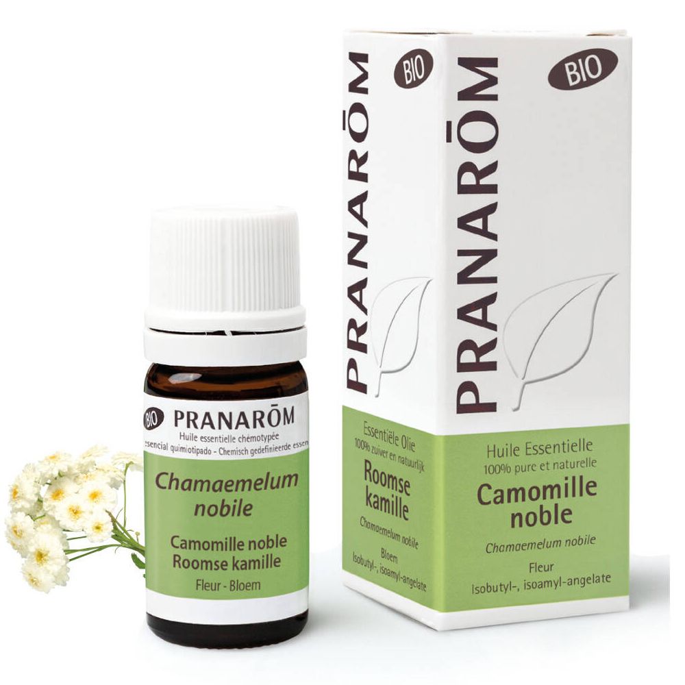 Flacon en verre brun avec bouchon blanc et étiquette. Boîte avec informations produit. Certification Bio.