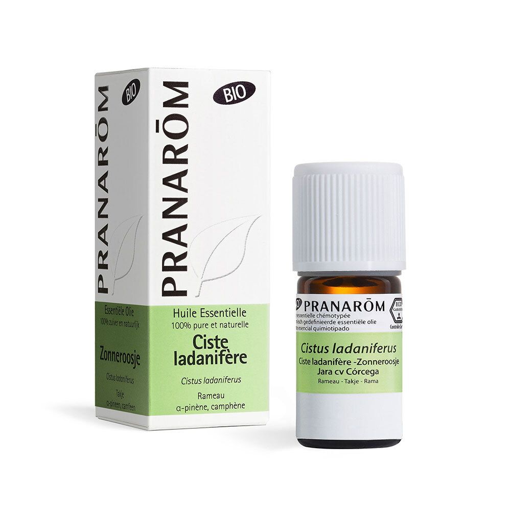 PRANAROM Zistrose-Ölflasche und -Verpackung. Flasche mit weißem Deckel. Verpackung mit Text und Logo.
