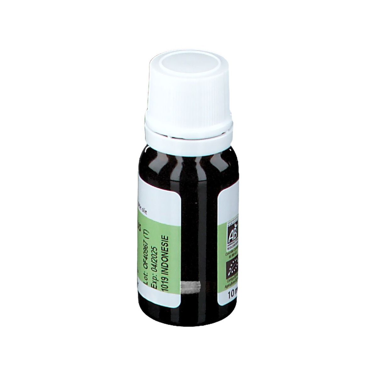 Braune Glasflasche mit weißem Deckel. Etikett mit Text und Bio-Zertifizierung. 10 ml.