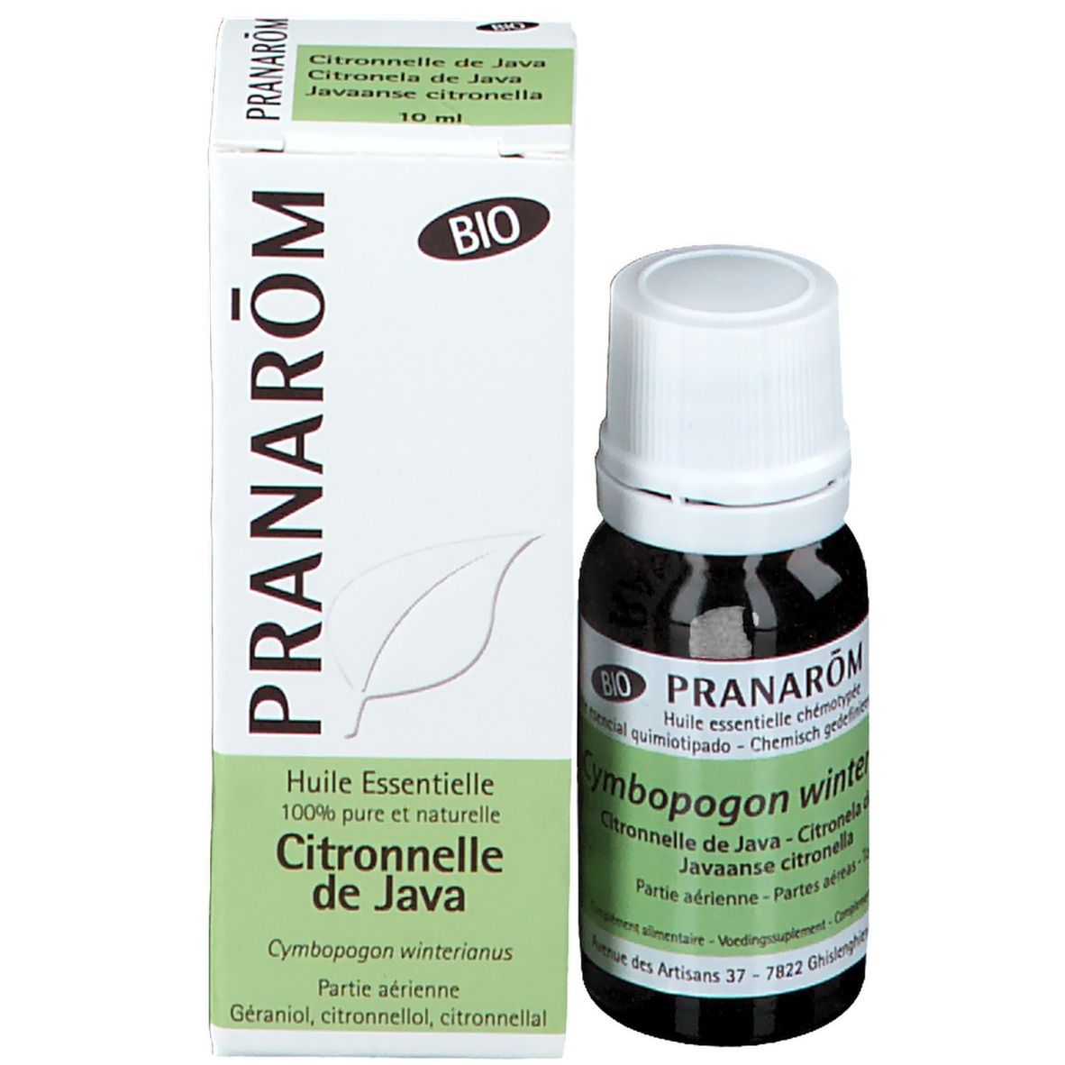 Produktflasche und Verpackung. Verpackung mit Text: PRANAROM, Citronnelle de Java. Flasche: 10 ml.