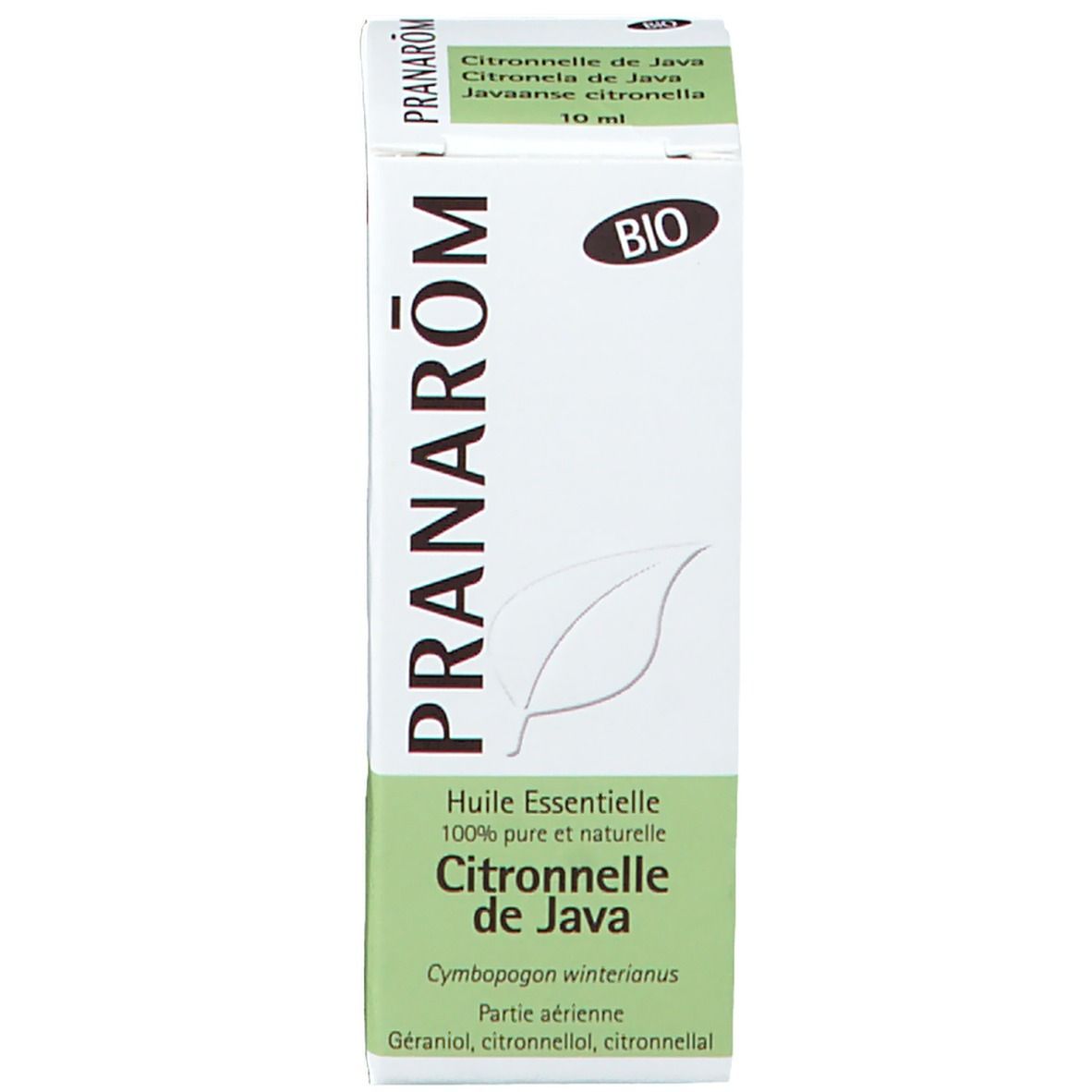 Produktverpackung mit Text: PRANAROM, Citronnelle de Java. Bio-Zertifizierung. 10 ml.