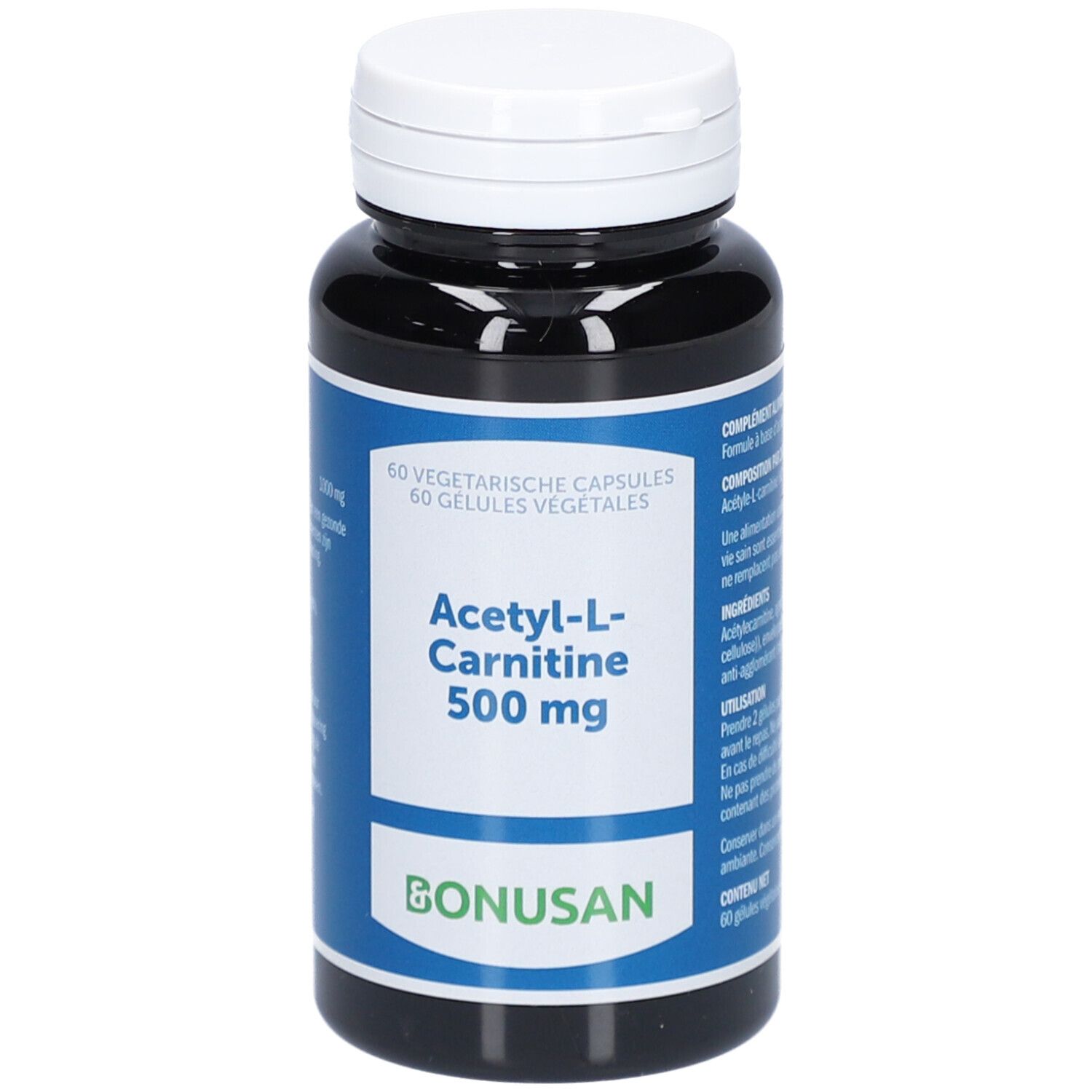 Flacon foncé, bouchon blanc. Étiquette avec nom du produit: Acétyl-L-Carnitine 500 mg. Marque: Bonusan. 60 gélules.