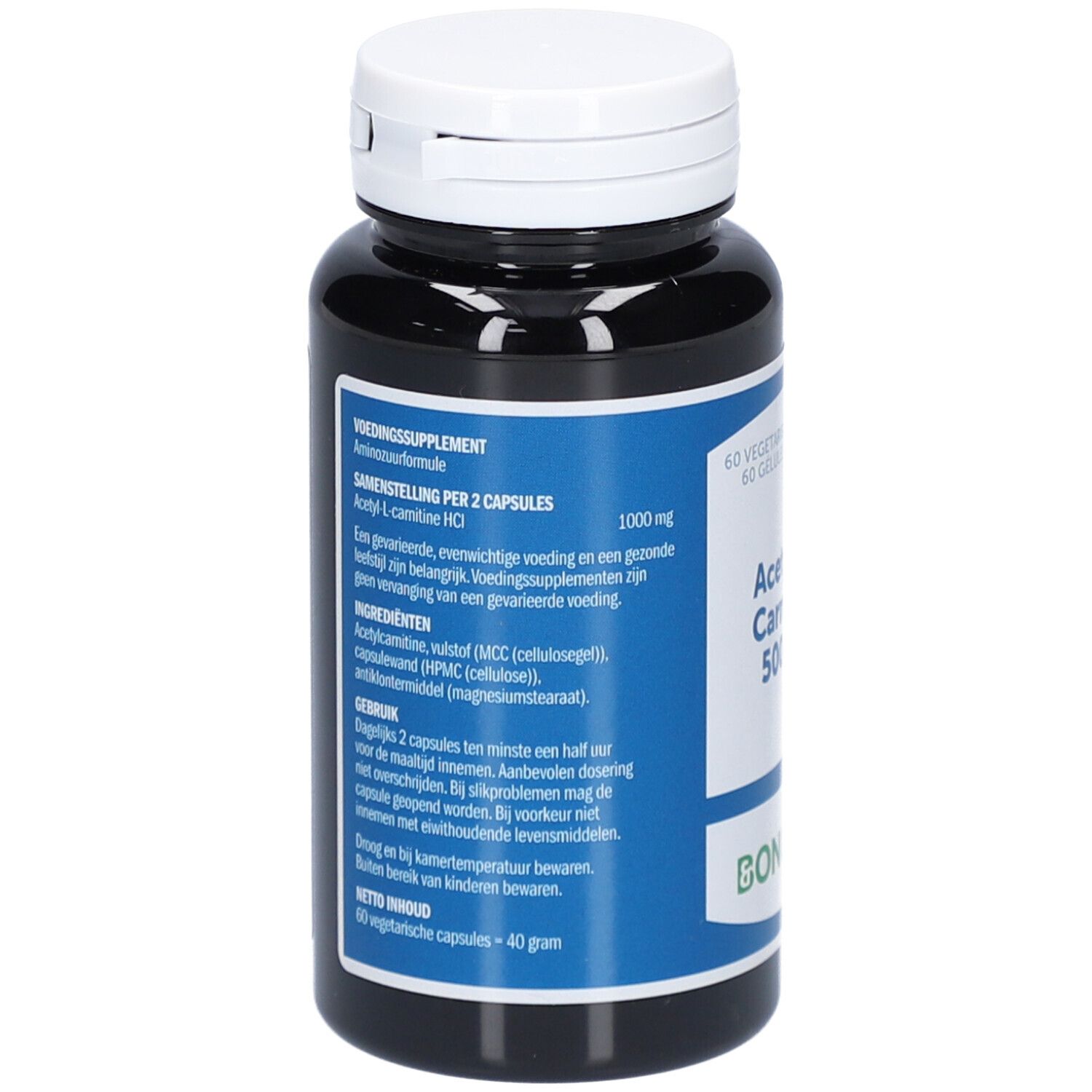Dos du flacon. Étiquette avec ingrédients et dosage. 60 gélules végétales. Marque: Bonusan.