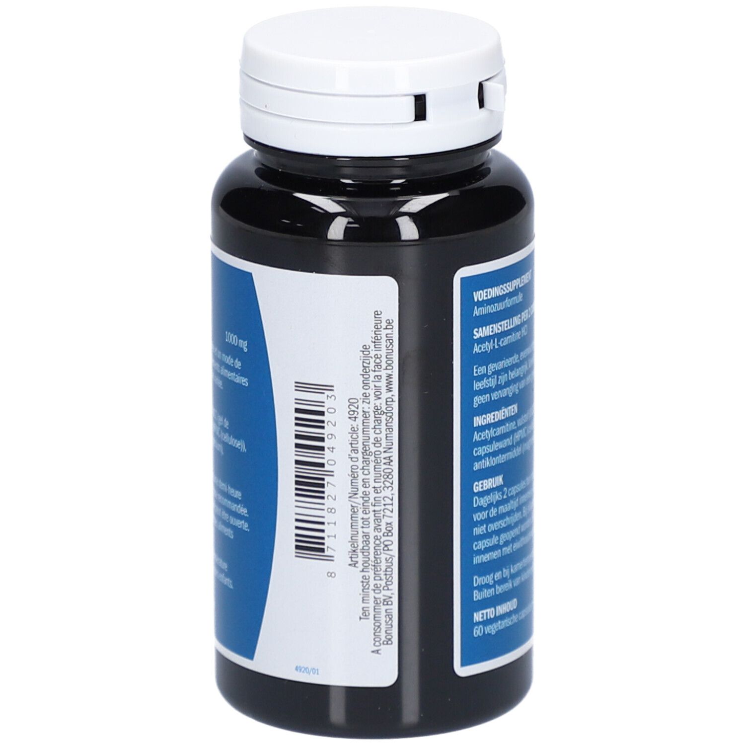Dos du flacon. Étiquette avec ingrédients et dosage. 60 gélules végétales. Marque: Bonusan.