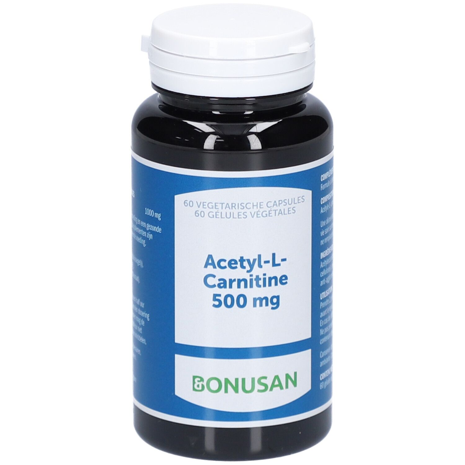 Flacon foncé, bouchon blanc. Étiquette avec nom du produit: Acétyl-L-Carnitine 500 mg. Marque: Bonusan. 60 gélules.