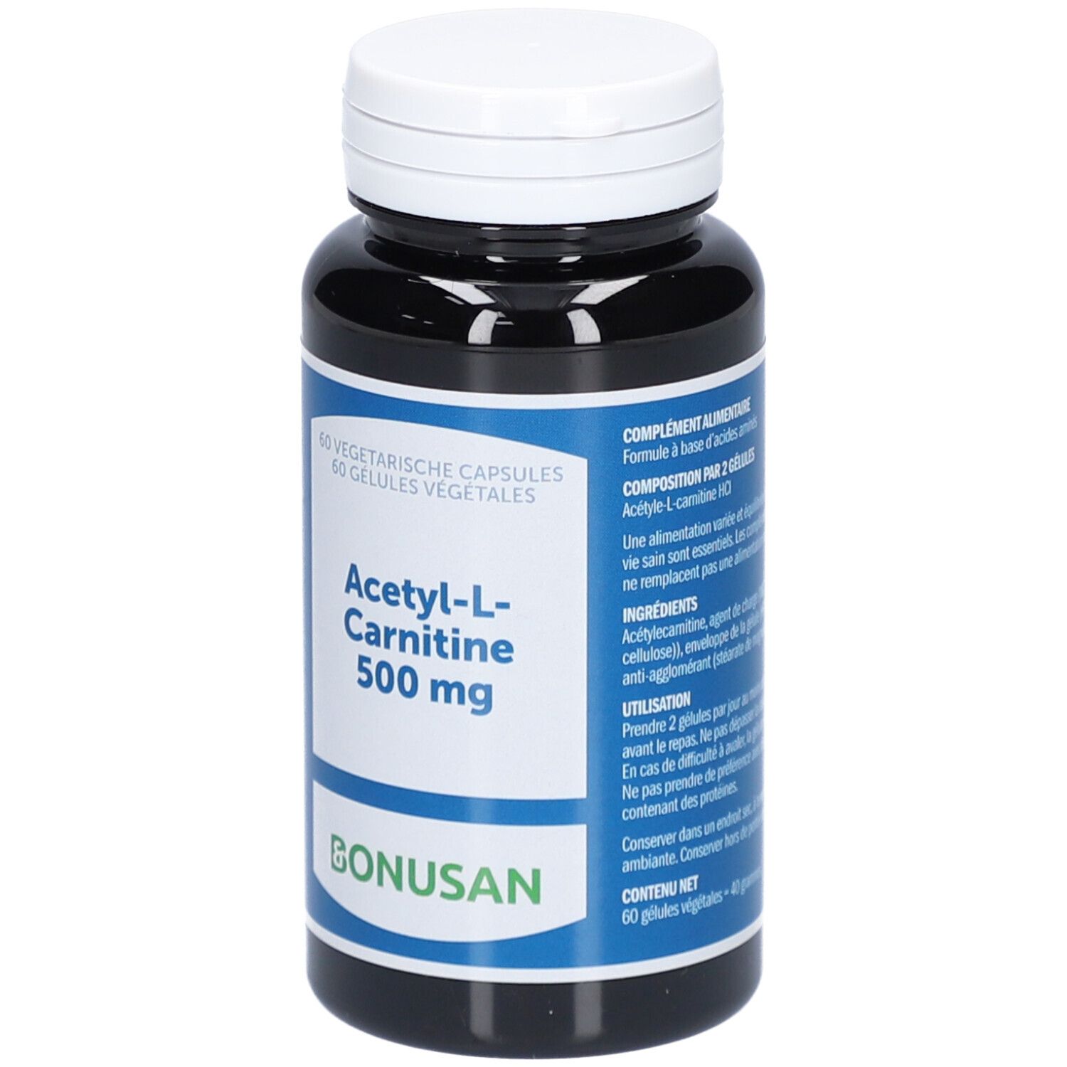 Flacon foncé, bouchon blanc. Étiquette avec nom du produit: Acétyl-L-Carnitine 500 mg. Marque: Bonusan. 60 gélules.