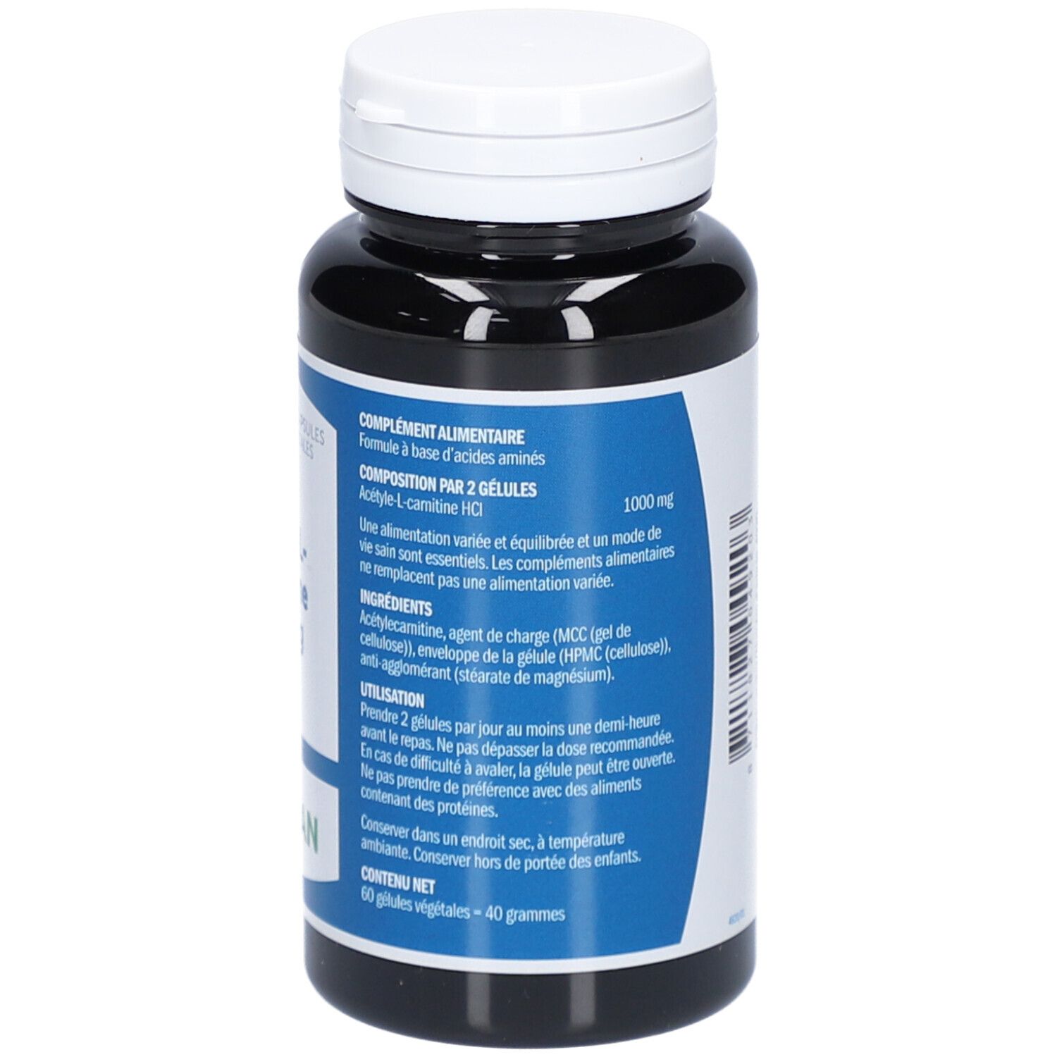Flacon foncé, bouchon blanc. Étiquette avec nom du produit: Acetyl-L-Carnitine 500 mg. Marque: Bonusan. 60 gélules.