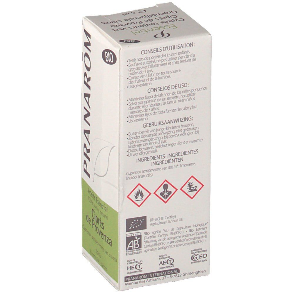 Kartonverpackung mit Produktinformationen und Warnhinweisen. Text in mehreren Sprachen. Bio-Siegel und Zertifizierungen.