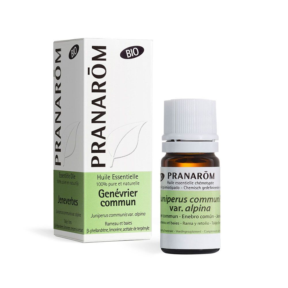 Braune Glasflasche mit weißem Deckel und Karton. Aufschrift: PRANAROM, BIO. Genévrier commun, Huile Essentielle.
