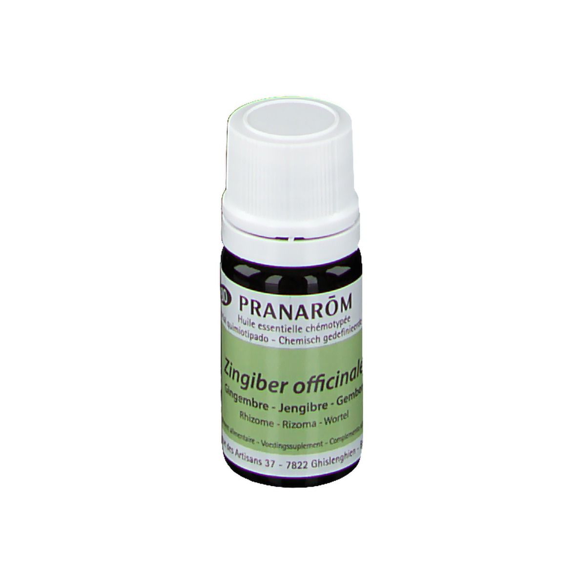 Bruine glazen fles met witte dop. Label: Pranarôm, Zingiber officinale. Bio-certificering.