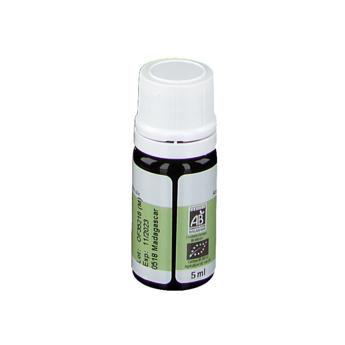 Bruine glazen fles met witte dop. Label: Pranarôm, Zingiber officinale. Bio-certificering, 5 ml.