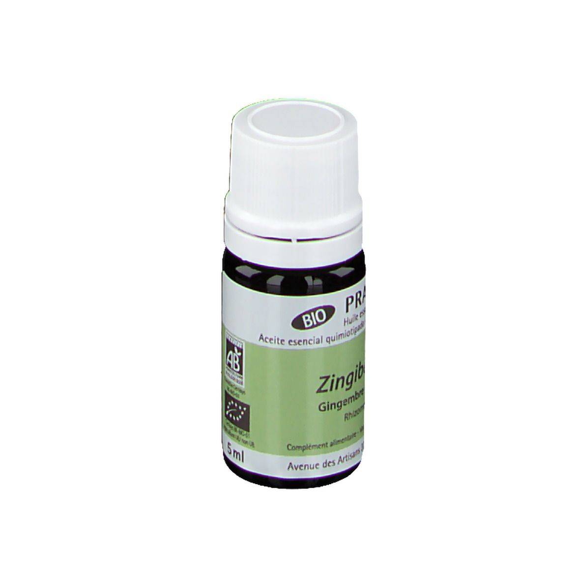 Bruine glazen fles met witte dop. Label: Pranarôm, Zingiber officinale. Bio-certificering, 5 ml.