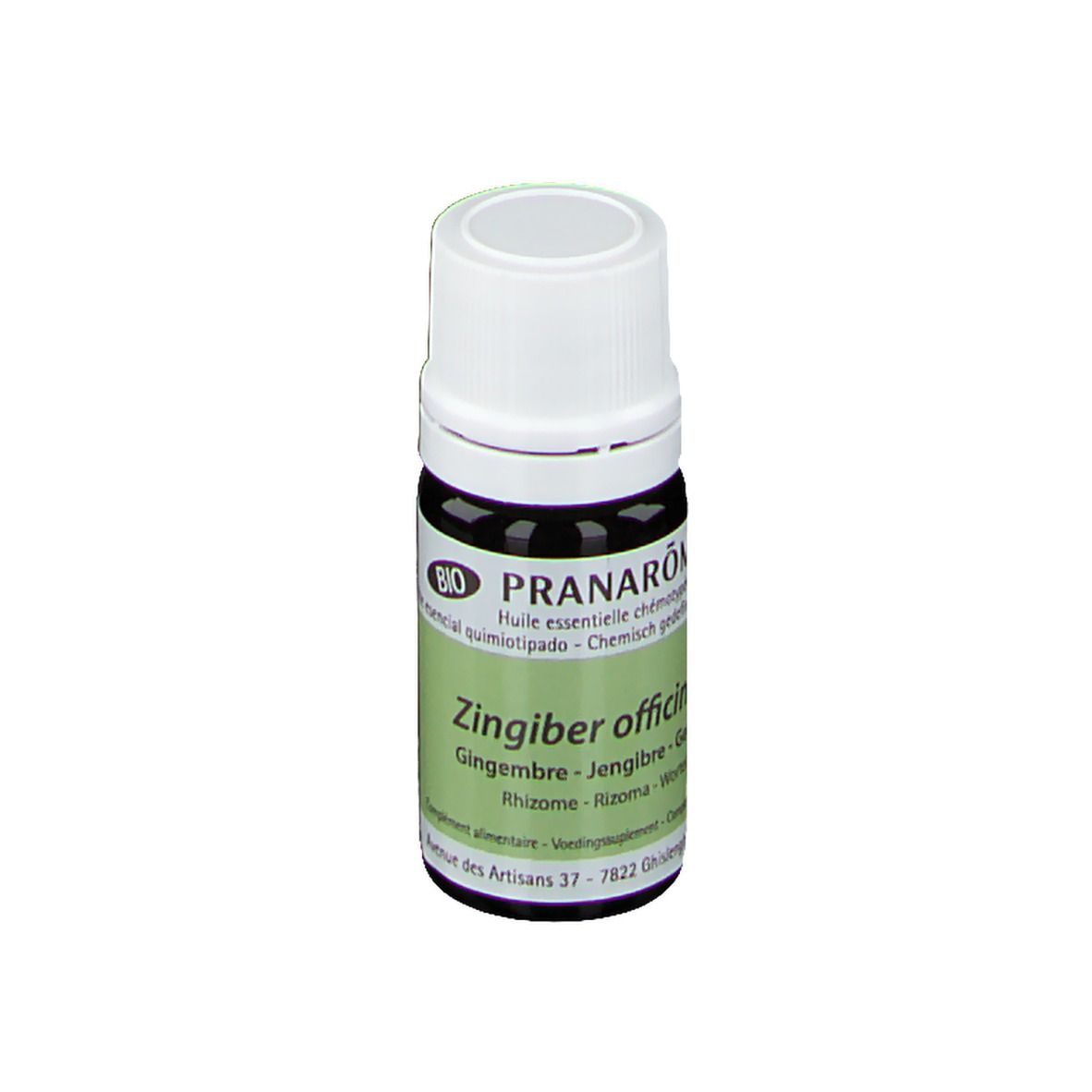 Bruine glazen fles met witte dop. Label: Pranarôm, Zingiber officinale. Bio-certificering, 5 ml.