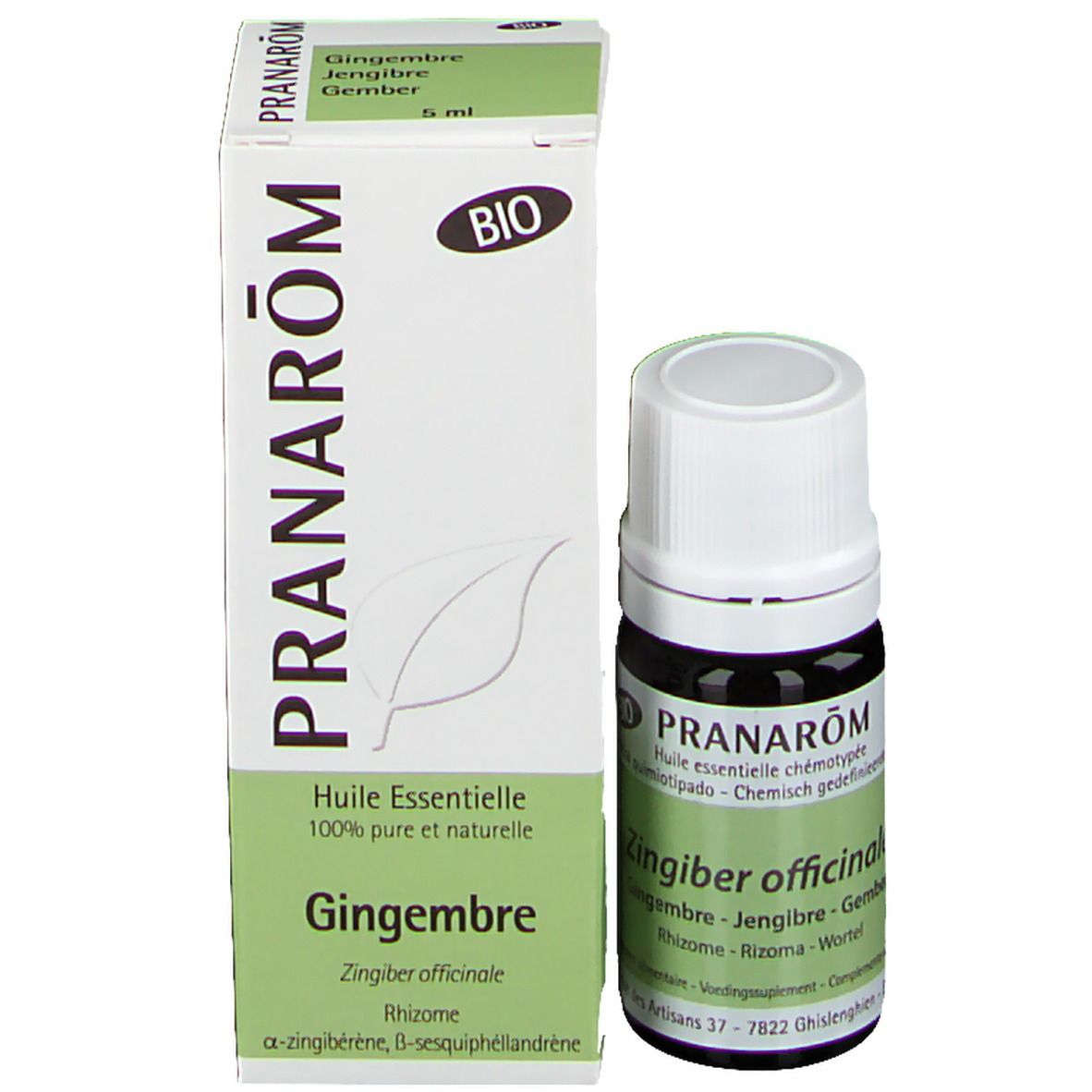 Productverpakking: doos en bruine glazen fles. Tekst: Pranarôm, Gember, 5 ml. Bio-certificering.