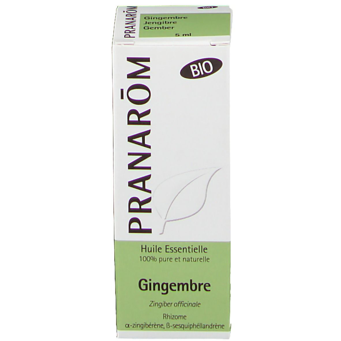 Productverpakking: doos en bruine glazen fles. Tekst: Pranarôm, Gember, 5 ml. Bio-certificering.