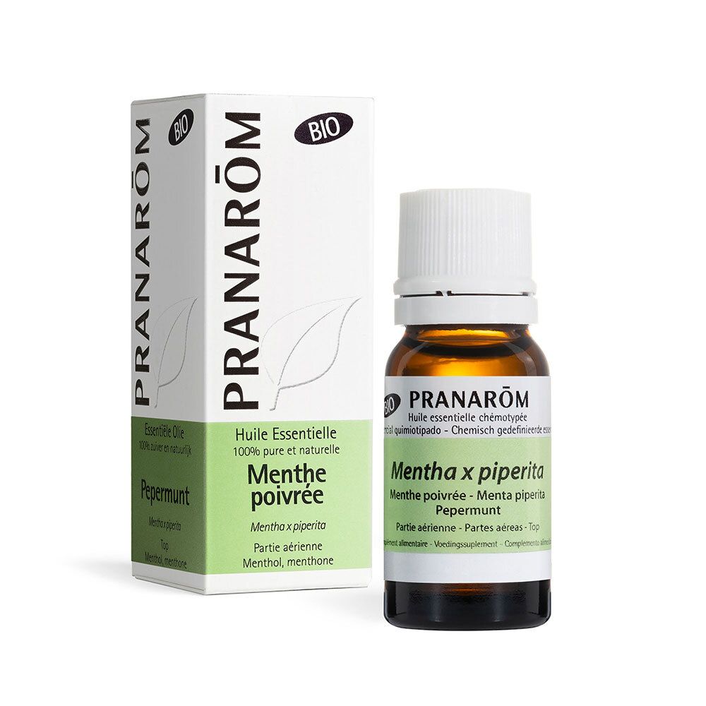 Fläschchen und Schachtel mit ätherischem Pfefferminzöl. Marke Pranarôm, BIO-Zertifizierung.