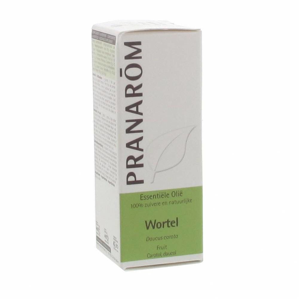 Boîte avec texte: PRANARÔM, Essentiele Olie, Wortel. Vert et blanc. Logo feuille.