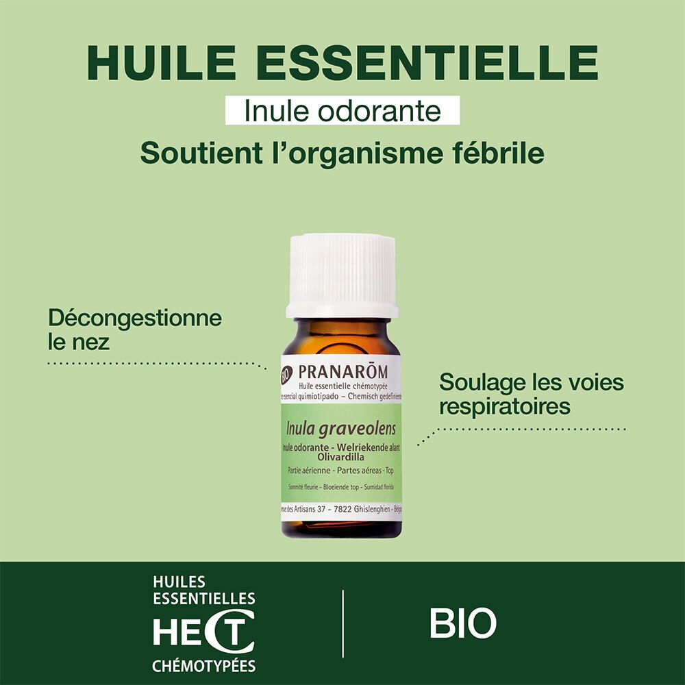Produktflasche mit Text. Text: Huile Essentielle, Inule odorante. Unterstützt den fiebrigen Organismus.