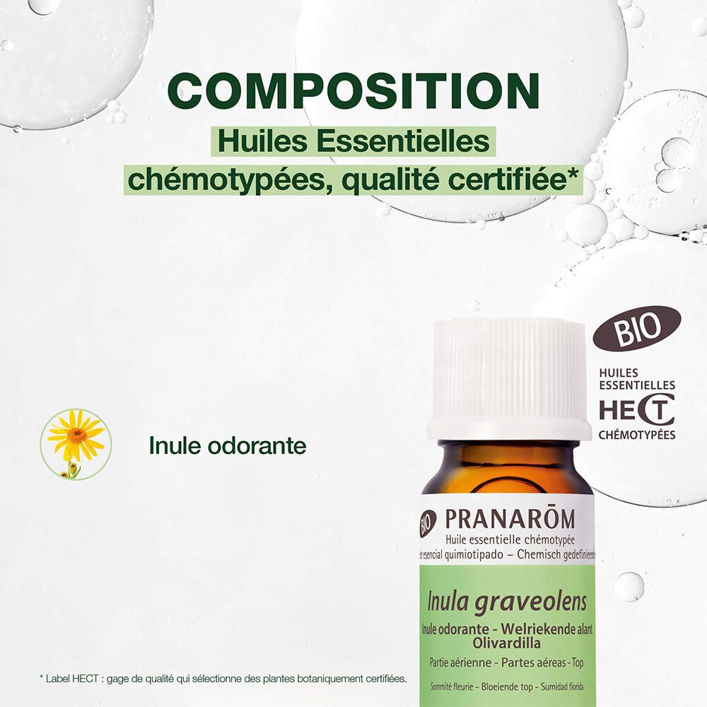 Produktflasche mit Text. Text: Huiles Essentielles chémotypées, qualité certifiée. BIO-Zertifizierung.