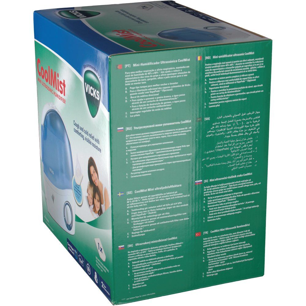 Boîte du Vicks CoolMist humidificateur ultrasonique. Boîte bleue et blanche avec image du produit et texte.