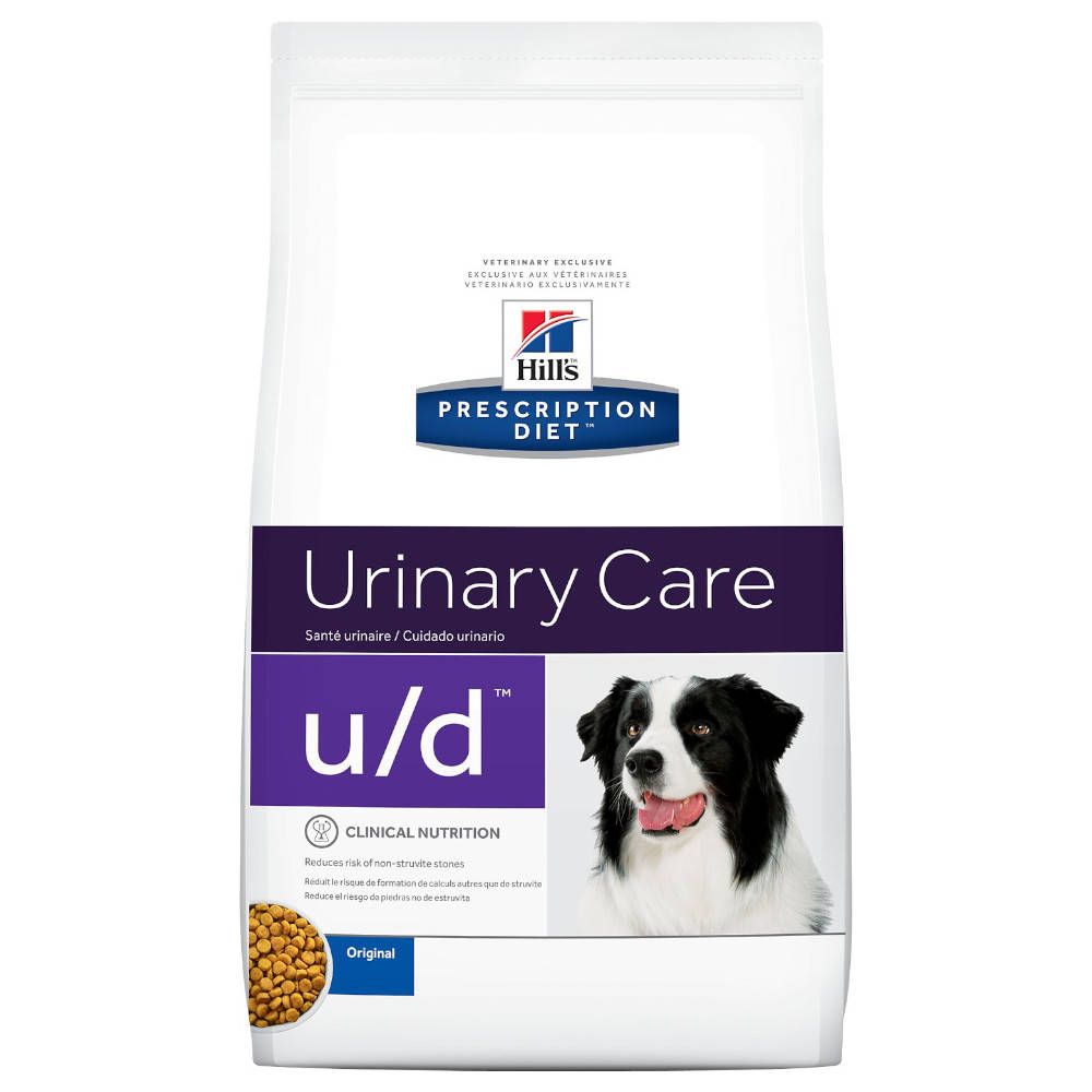 Sac de nourriture pour chiens "Hill's Prescription Diet Urinary Care u/d". Image d'un chien. Original.