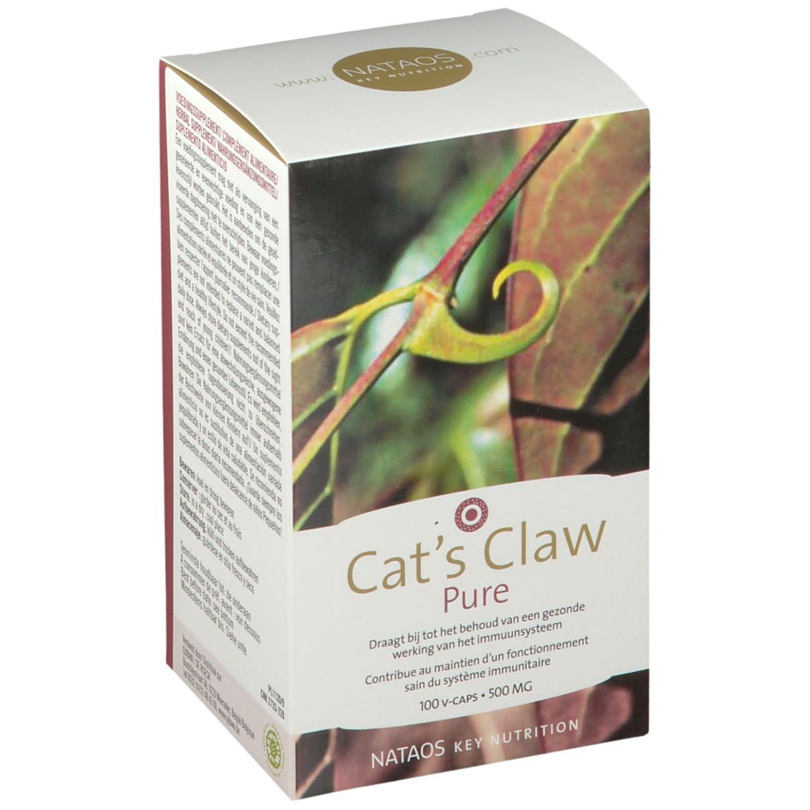 Boîte Cat's Claw Pure, 100 V-Caps, 500 mg. Nataos Key Nutrition. Illustration de feuilles. Texte en plusieurs langues.